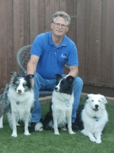 A man sitting on the grass with two dogs.